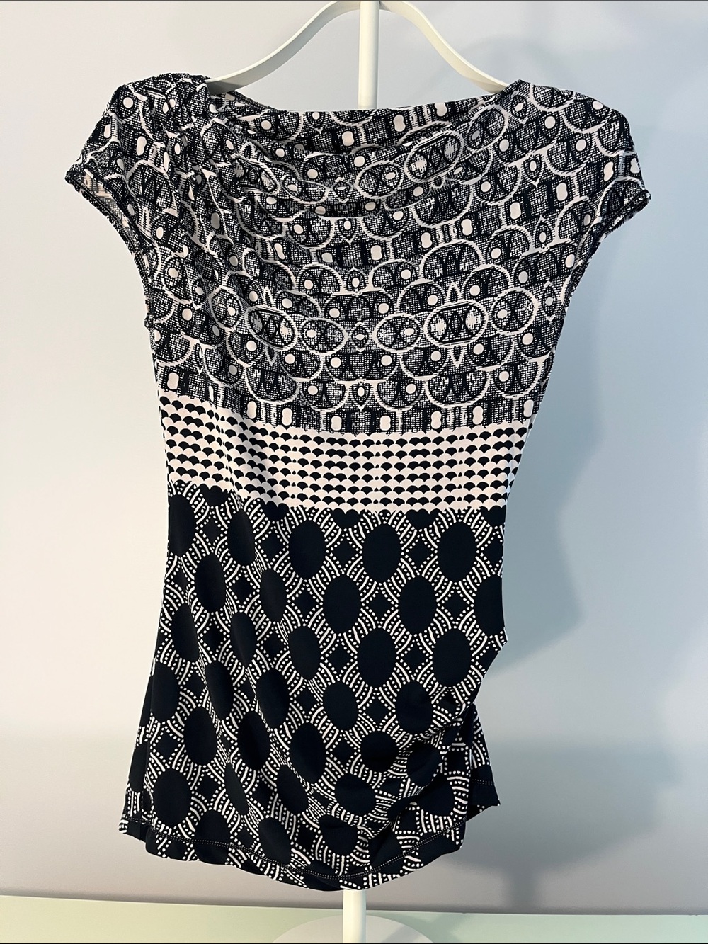 Max Studio Black and Cream Mixed Print Cap Sleeve Top